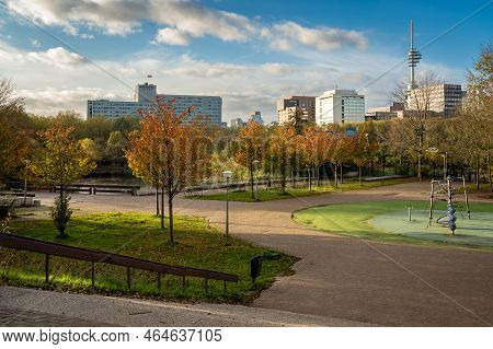 Amsterdam, The Netherlands, 01.11.2022, Autumn In Amstelpark With A View Of High-rise Buildings At Z