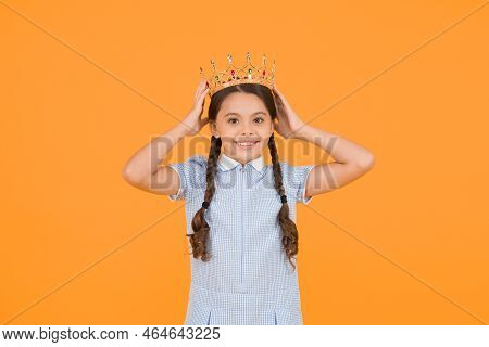 Vintage Girl In Gold Crown. Reward For Best Winner. Small Egoist Girl Imagine She Is Princess. Luxur