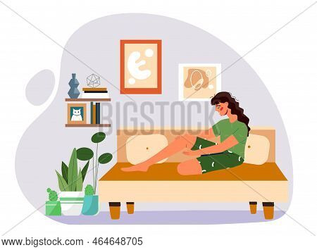Slump Laziness Concept. Sad Young Girl Sits On Bed. Frustration And Depression, Procrastination. Wom