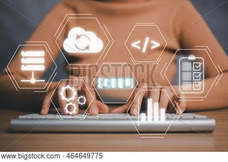 Scrum, Woman Hand Typing Keyboard Computer With Scrum Icon On Vr Screen, Agile Development Methodolo