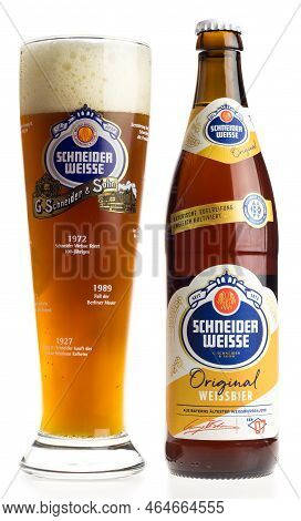 Groningen, Netherlands - October 29, 2022: Bottle And Glass Of German Schneider Weisse Beer Isolated