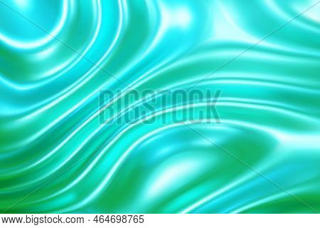 Mint Green Liquid Molten Metal Abstract Wavy Background With Reflects. Wallpaper With Glossy Soft Si