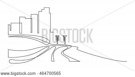 Megapolis With Skyscrapers Urban Space Against The Backdrop Of Autobahns. Continuous Line Drawing. V