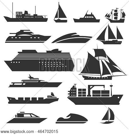 Ships And Boats Icons. Barge, Cruise Ship, Shipping And Fishing Boat Vector Signs. Black Silhouette 