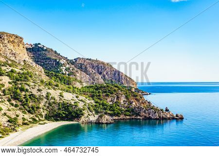 Coast Seaside Landscape In Andalusia. Cliffs Of Maro Cerro Gordo Natural Park, Near Nerja, Malaga Pr
