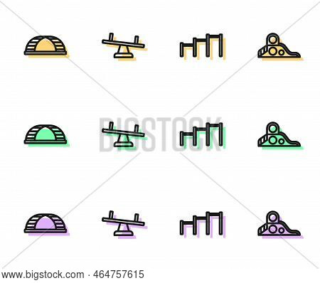 Set Line Sport Horizontal Bar, Monkey, Seesaw And Slide Playground Icon. Vector