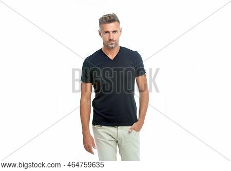 Adult Grizzled Guy Style. Studio Shot Of Grizzled Guy. Mature Grizzled Guy Isolated On White