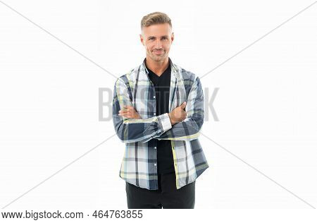 Positive Grizzled Man In Checkered Shirt. Unshaven Man Casual Style. Studio Shot Of Grizzled Man