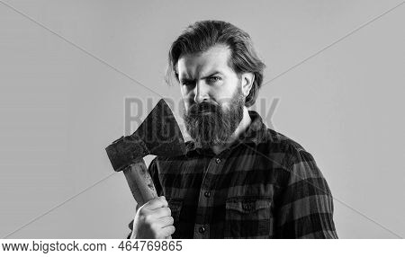 Exploring Tools. Male Casual Fashion Style. Handsome Hipster With Axe. Logger Or Axeman Concept