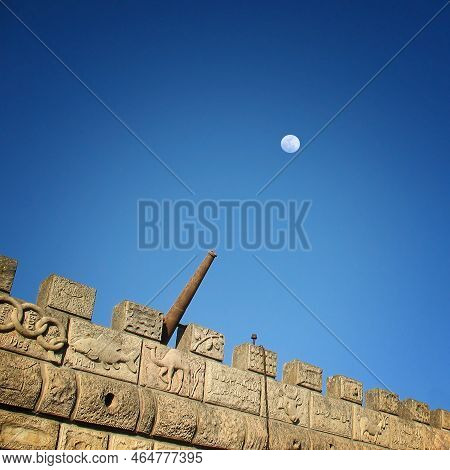 Wall And Cannon Of Moussa Castle In Lebanon With A Full Moon.
