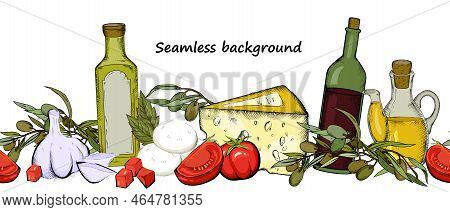 Italian Food Seamless Hand Drawn Background, Decorative Border Design With Olive Oil, Balsamic Vineg