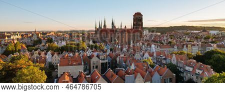 Beautiful Architecture Of Old Town In Gdansk, Poland At Sunny Day. Panorama Banner Size Aerial View 