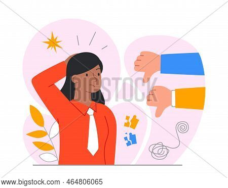 Depressed Sad Woman. Young Girl Faces Disapproval, Character Shown Thumbs Down. Frustration And Depr
