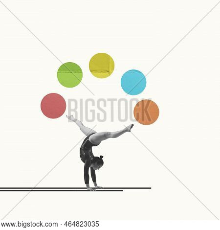 Creative Artwork In Retro Style. Young Girl, Female Rhytmic Gymnast Training, Standing On Hands Over
