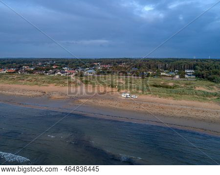 Caravan Campig Sunset Beautiful Landscape Beach Sand Dunes Near Melbystrand Laholm Sweden Coast Outd