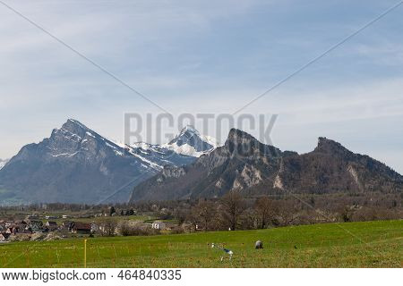Maienfeld, Grison, Switzerland, April 11, 2022 Four Mountain Summits Behind A Fresh Green Field At T