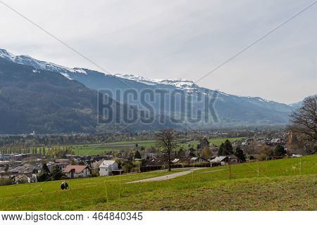 Maienfeld, Grison, Switzerland, April 11, 2022 Stunning Alpine Scenery And View Over The Rhine Valle