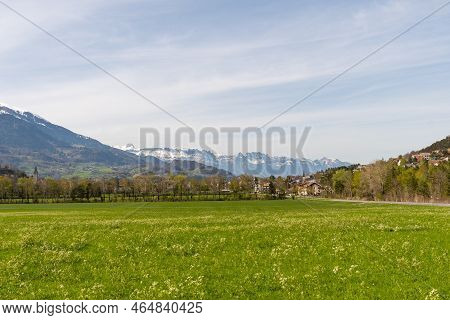 Maienfeld, Grison, Switzerland, April 11, 2022 Stunning Alpine Scenery And View Over The Rhine Valle