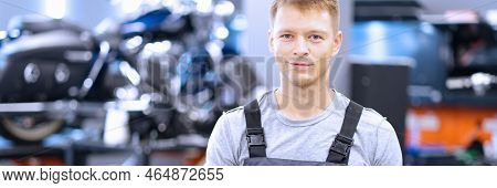 Portrait Of Smiling Mechanic, Maintenance Service Worker In Uniform, Man With Clipboard Paper. It St