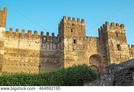 Wall And Crenellated Towers Of The Castle Of Burgalimar Of Muslim Origin In The Town Of Baños De La 