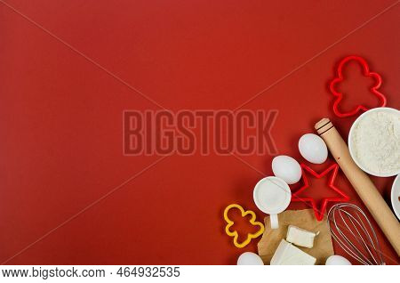 Christmas Baking Background With Ingredient Cooking And Bacikg Tools For Coocies And Pie. Happy New 