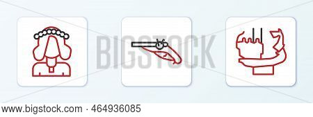 Set Line Monument To Founders Of Kiev, Ukrainian Woman And Vintage Pistols Icon. Vector