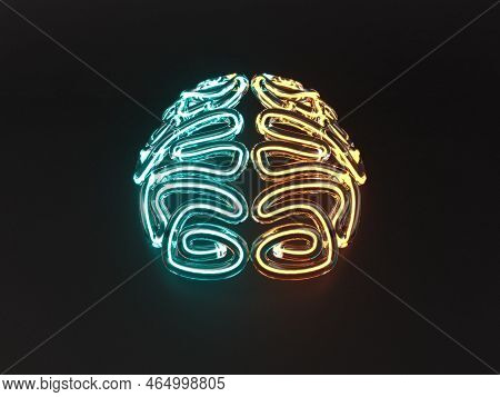 A Glass Stylized Brain Illuminated By Different Color Neon Florescent Tubes On An Isolated Dark Back