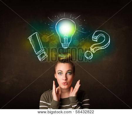 Young preety teenager with hand drawn light bulb illustration