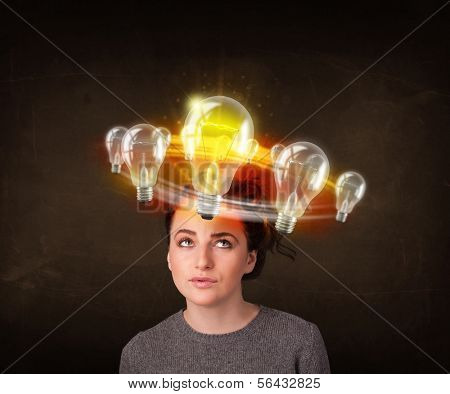 Preety woman with light bulbs circleing around her head 
