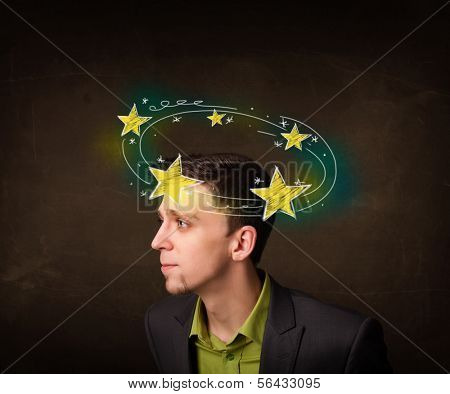 Young man with yellow stars circleing around his head illustration 