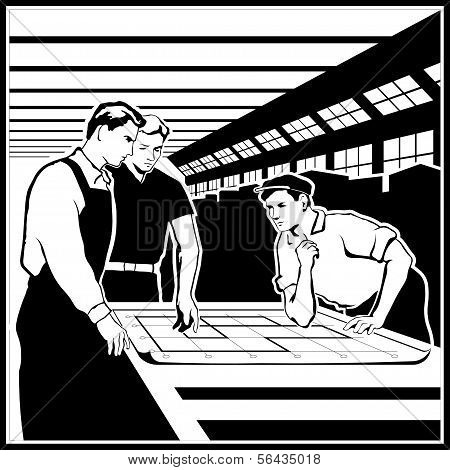 노동자는 그림에 따라 그들의 행동을 토론