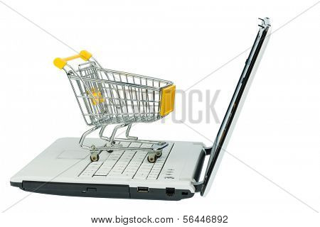an empty shopping cart on a laptop computer. symbolic photo for shopping on the internet