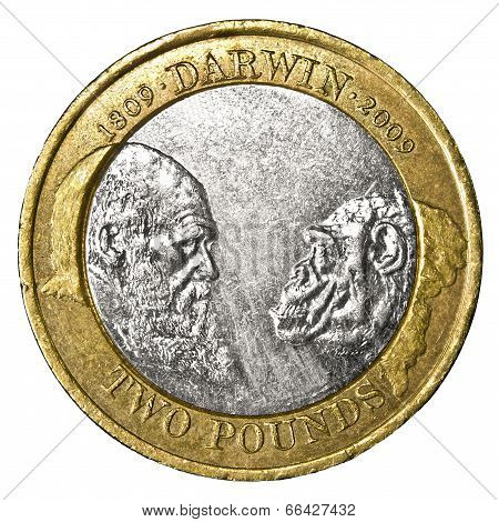 Close Up Of A Two Pound Darwin Commemorative Coin