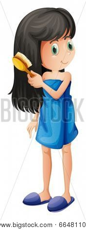 Illustration of a young girl combing her long hair on a white background
