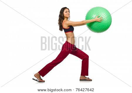 Woman exercising with ball isolated on white