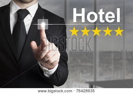 Businessman Pushing Button Hotel Five Star Rating