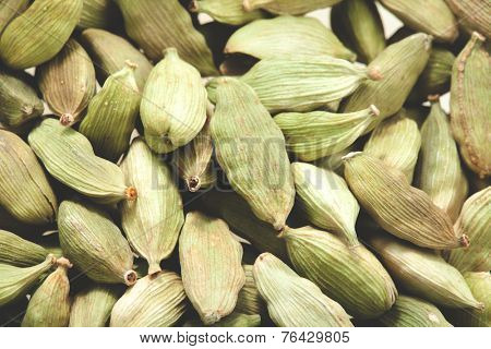 Green cardamom pods close-up. Macro photo