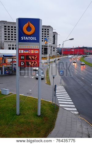 Kaunas, Lithuania, November, 17, 2014: Guide sign, indicated the price of the gas on Statoil's gas station.  Statoil is the prevailing Lithianian brand