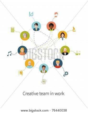 Creative team in work, people avatars with signs their professions