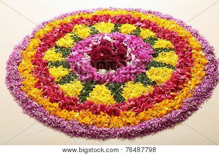 flower rangoli decoration for Onam in Kerala,South India.Shallow depth of field photograph.