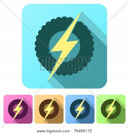 Set Flat icons of round wheel with lightning. Eco electric transport theme.