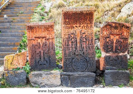 Khachkars In Front Of Sevanavank Monastery Complex