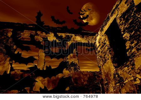 Wesołego halloween. Nietoperze latają nad stare ruiny. Dramatyczny stonowanych