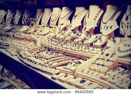 Garnet jewelry shop, window display, toned image
