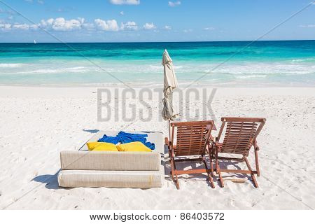 Chairs At Caribbean Seascape, Tulum, Mexico.