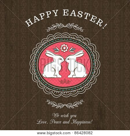 Brown Greetings Card For Easter Day With Roundet Frames With Two Rabbit.