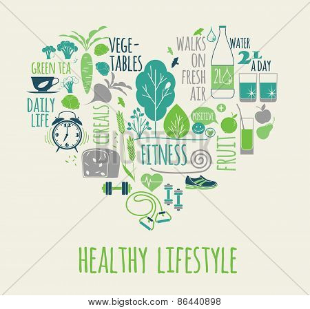 Healthy Lifestyle Vector Illustration In The Shape Of Heart.