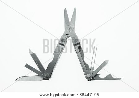 Pocket knife or Steel multi-function tools isolated on white background. Hand tools in industry jobs