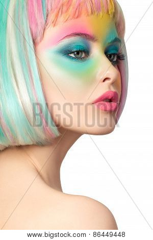 Portrait Of Young Woman With Funny Make-up Isolated On White