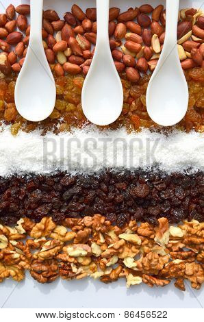 Raisins, peanuts, coconut, walnuts